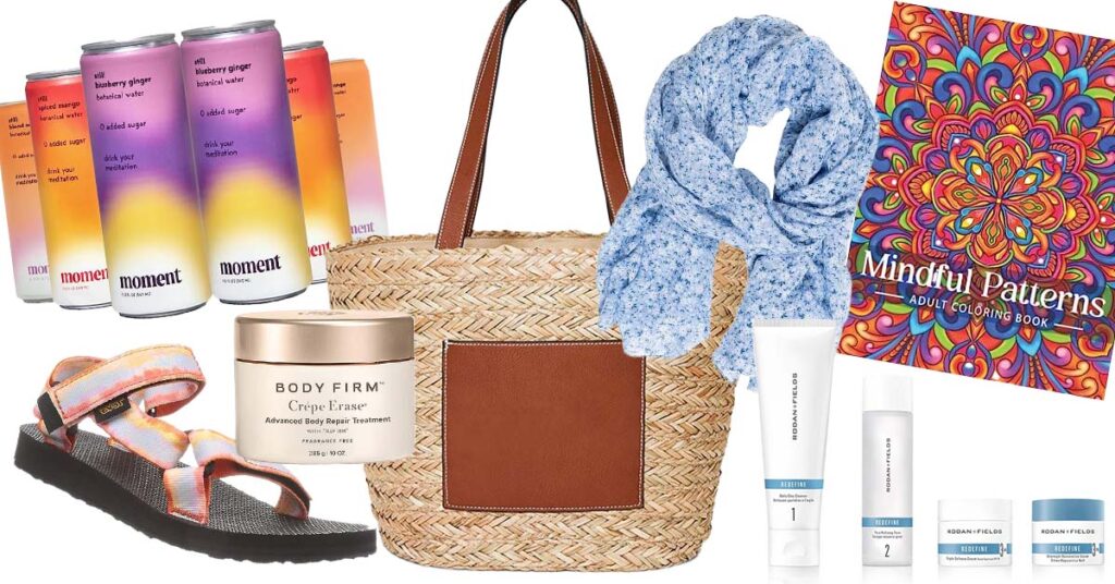 a collage of energy drinks, coloring book, sandals, tote bag, scarf and skincare products