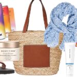 a collage of energy drinks, coloring book, sandals, tote bag, scarf and skincare products