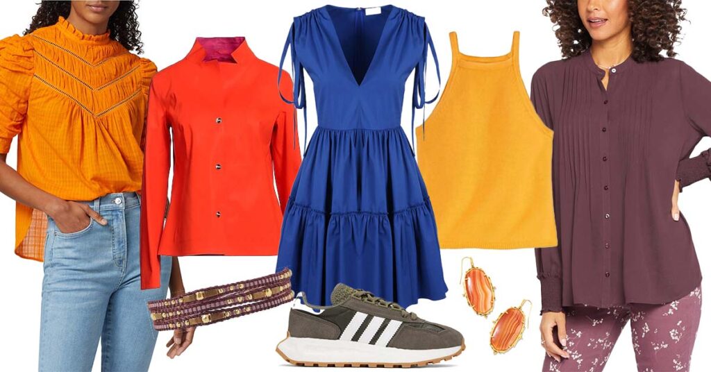 a collage of orange, red and eggplant colored shirts, a blue dress, a golden yellow tank top, olive colored sneakers, earrings and bracelet