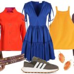 a collage of orange, red and eggplant colored shirts, a blue dress, a golden yellow tank top, olive colored sneakers, earrings and bracelet